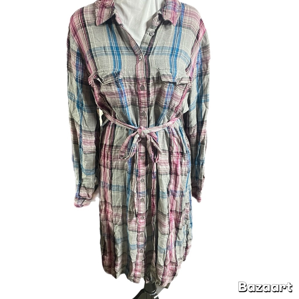 Sz 16 Lane Bryant Shirt Dress Plaid Belted Shirtdress Gray Pink Blue - Picture 2 of 3